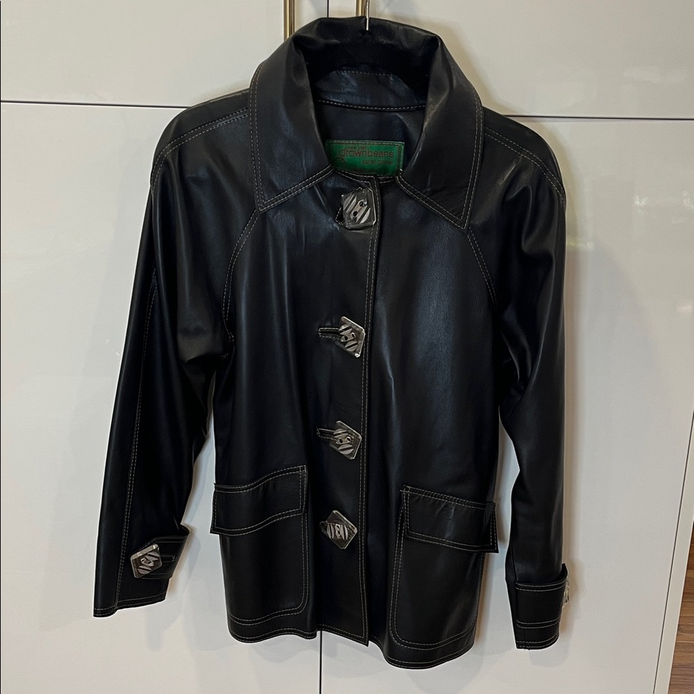 Rare Vintage Grownbeans NY by Karen Groner Black Leather Jacket w/unique Buttons